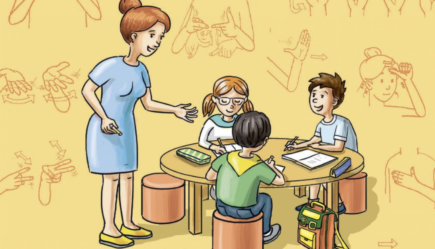 Animācija ar skolotāju un trīs bērniem 